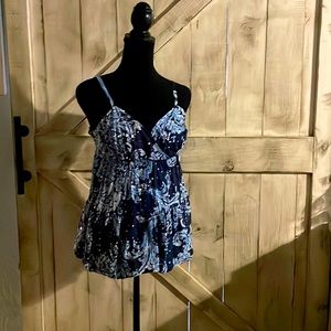 Size 8 spaghetti strapped Navy and light blue blouse